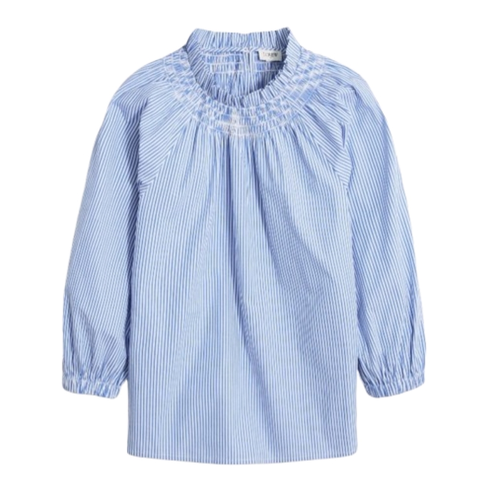 J. Crew Smocked Striped Long Sleeve Popover Blouse Size Large Blue White Stripe